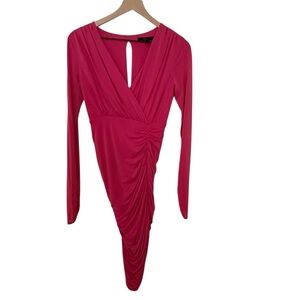 BCBGMAZAZRIA Fuchsia Wrap Plunge V Neck Ruched Long sleeve Midi Cocktail Dress S
